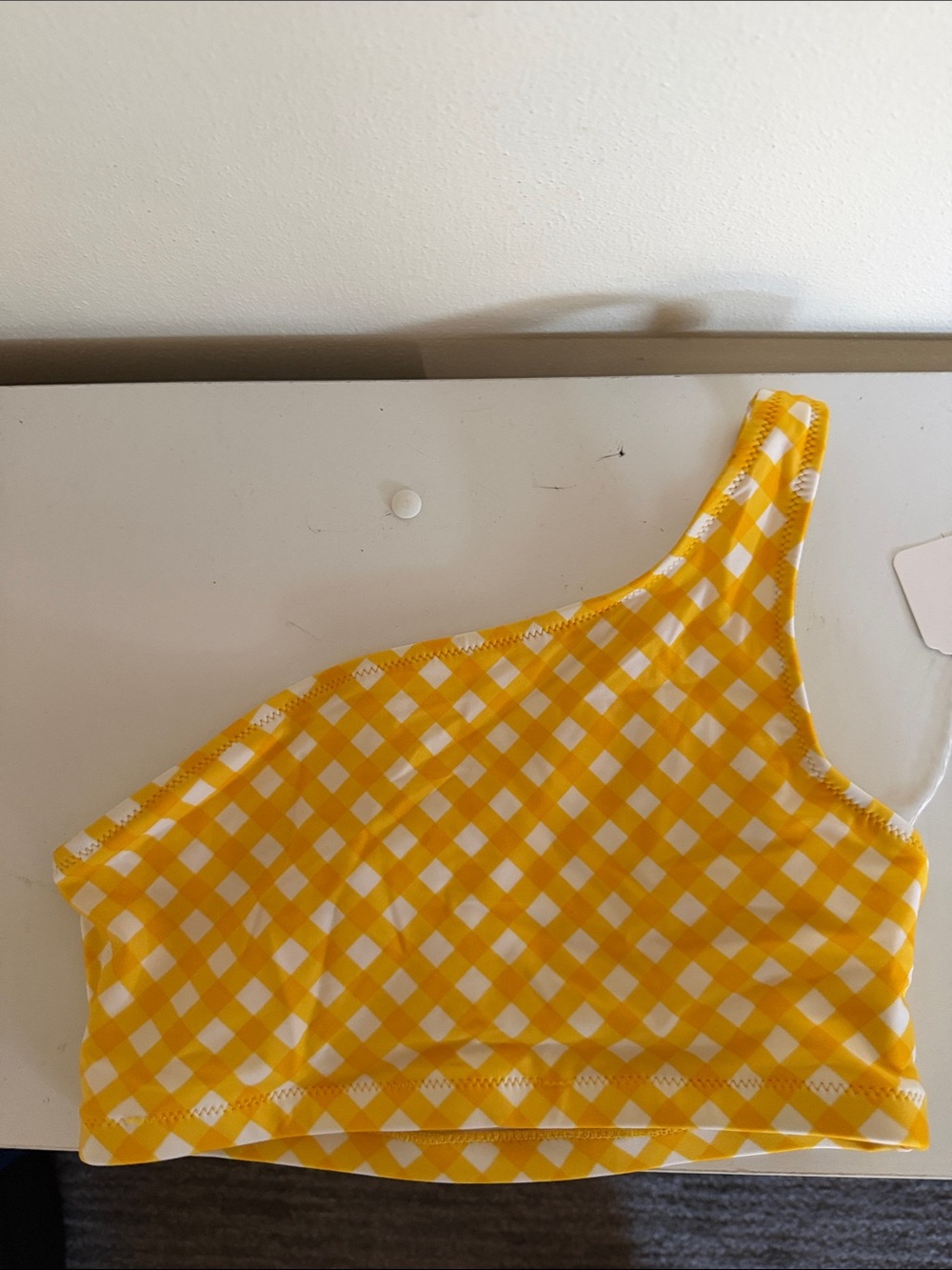 One-Shoulder Yellow & White Gingham Swim Top